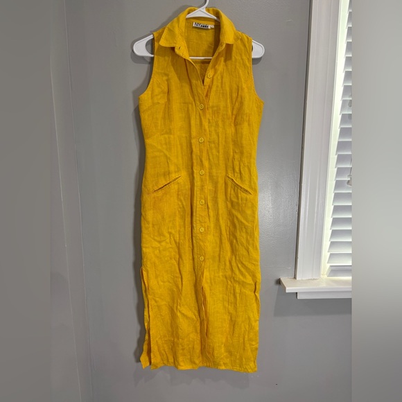 VTG NY Sake 4 100% Linen Dress Sleeveless Hidden Button Front Yellow Midi Dress - Picture 1 of 12